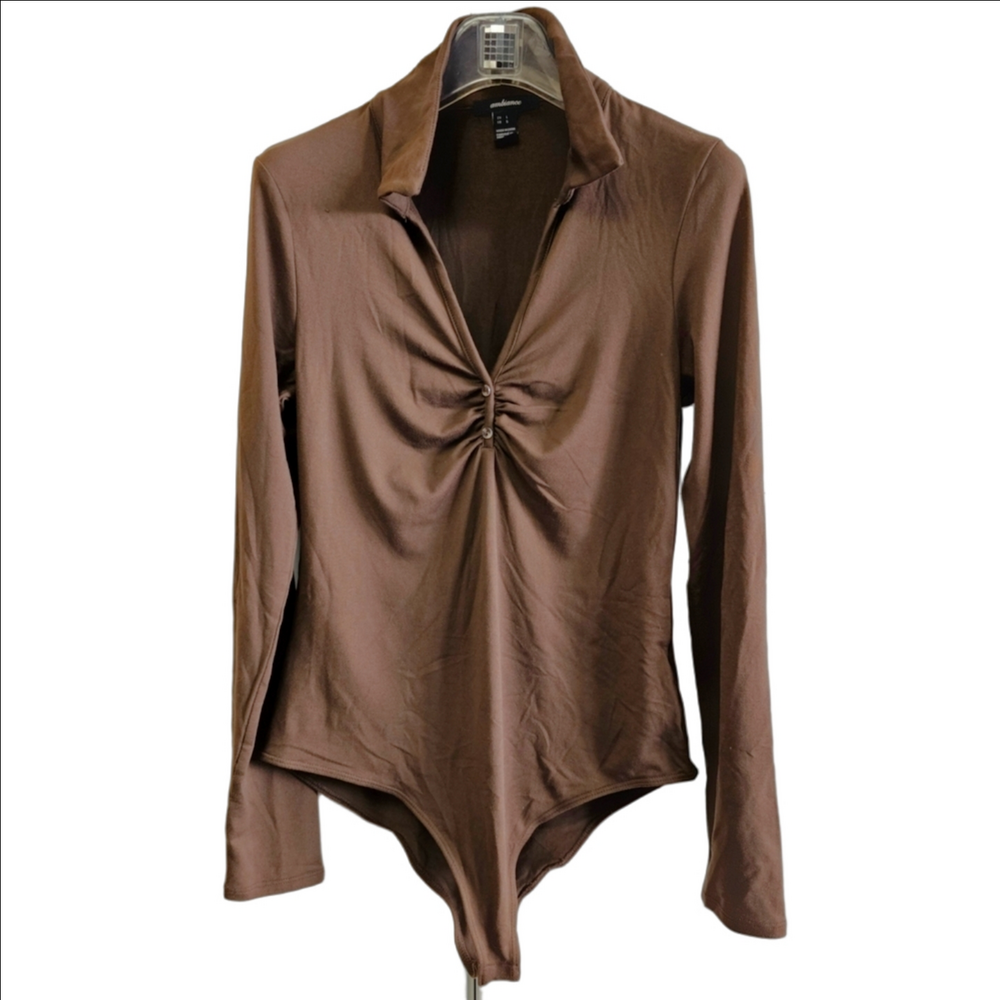 Choclate Brown Mocha Ruched Front Polo Bodysuit
